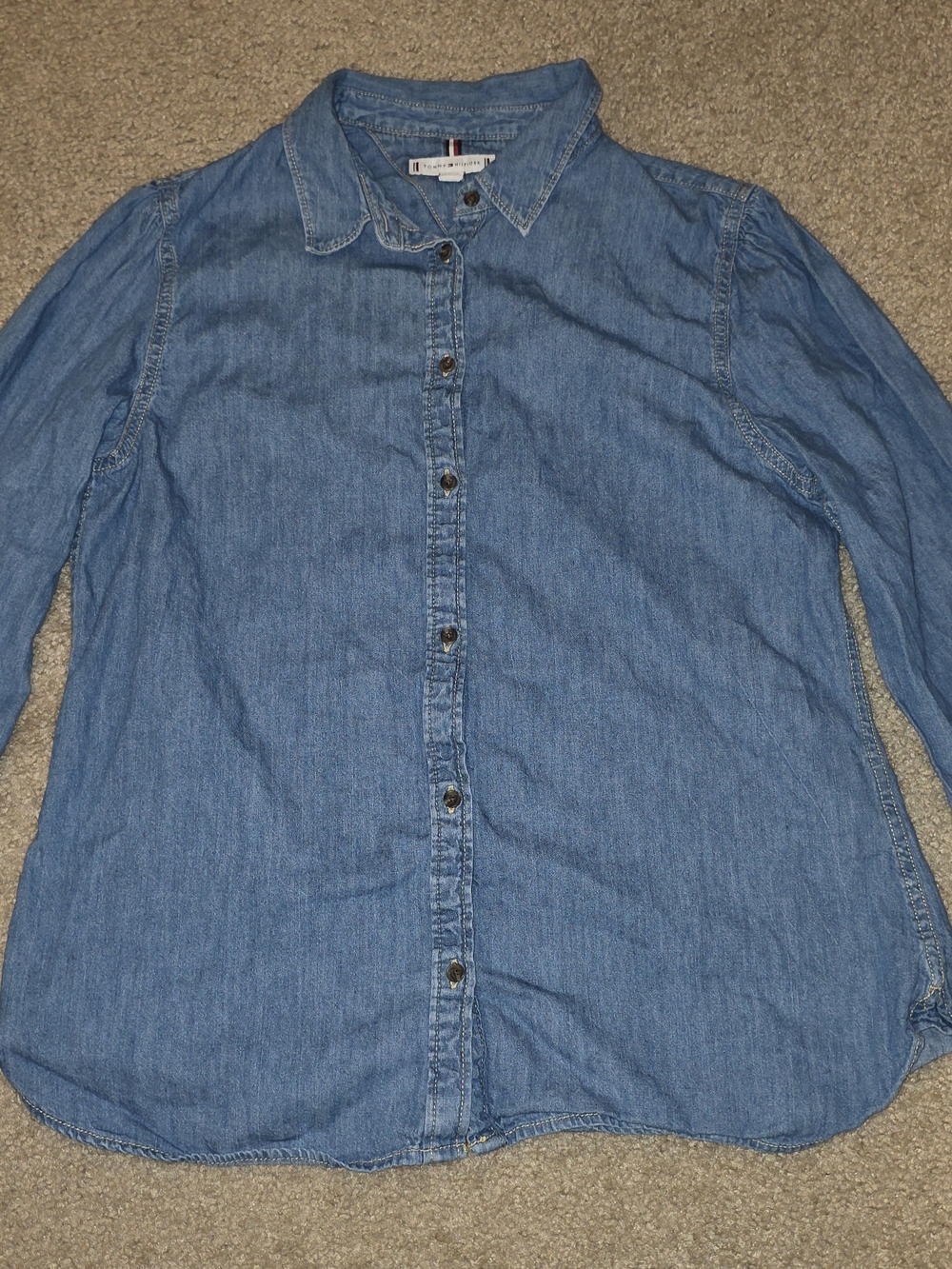 Tommy Hilfiger Mens M Blue Denim Cotton Long Sleeve Solid Point Collar Button Up